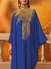 AmazingHoney Elegant Dark Blue Loose-Fit Kaftan Dress With Gold Sequin Embellishments, Party Abaya, Formal Muslim Dress, Evening Gown,Abaya Dress (Loose Fit– Please Check Size Chart), Modest - Royal Blue - View 10