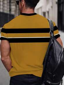 大码男士短袖翅膀印花 T 恤，黄色条纹夏季户外运动透气 T 恤