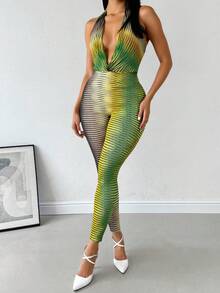 Jumpsuit palazzo mono pantalón sexy dama mujer tejido stretch diseño geométrico líneas contraste corte cintura escote  V tipo halter espalda descubierta bajo amplio recto playa calor día noche fiesta vacaciones primavera verano fresco - Verde - Ver 1