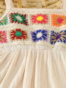 Bohemian Style Baby Girl Crochet Flower Decor Cinched Waist Sleeveless Dress - Apricot - View 5