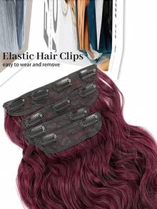 Hair Extensions Burgundy Clip In Synthetic Highlight Hair Extensions Long Wavy 4PCS Thick Hairpieces For Women - Burgundy - View 4