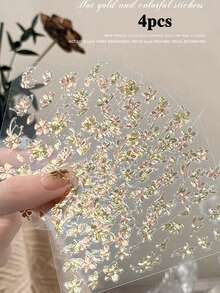 4pcs Vintage Gold Foil Nail Art Stickers, Embossed Peony Flower & Jade Leaf Design Nail Jewelry Accessories