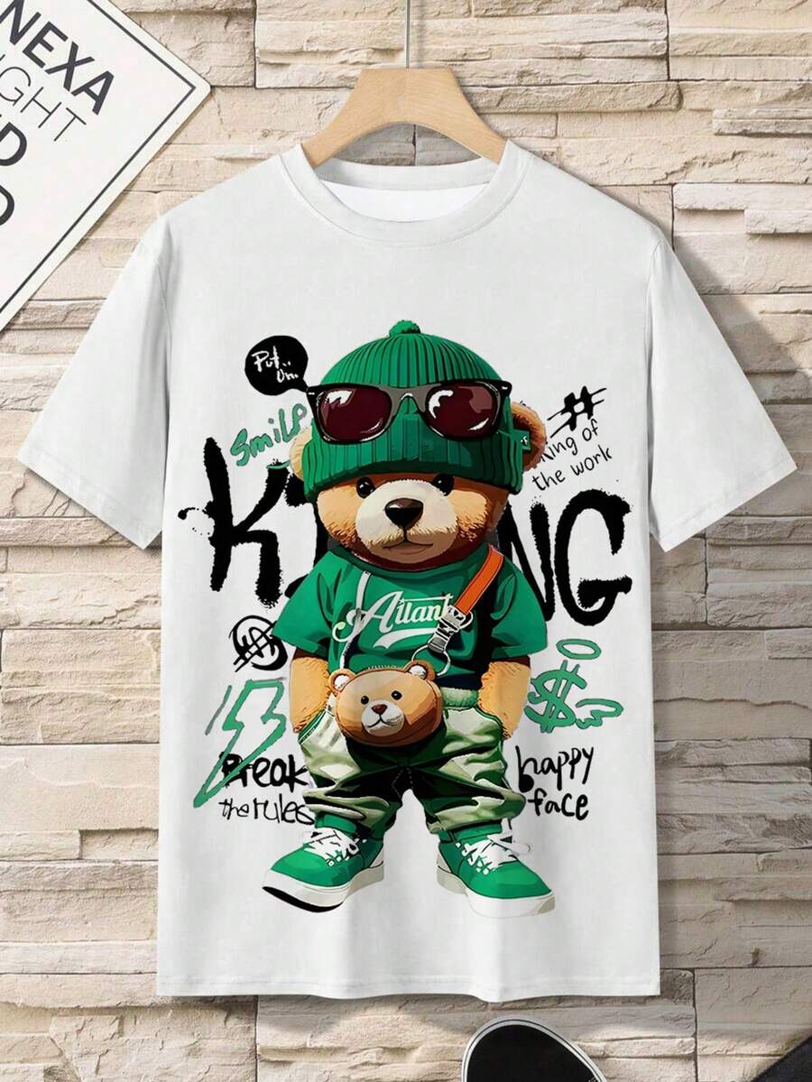 Punk Bear 3D Digital Print Cartoon Bear Pattern Men's T-Shirt, Comfortable Short Sleeve Pullover Top, Men's Outdoor Clothing - White - View 1