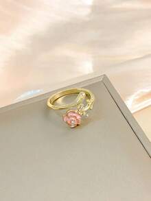 1pc Adjustable Rhinestone Camellia Flower Open Ring, Delicate Luxury Fashion - Pink - View 2