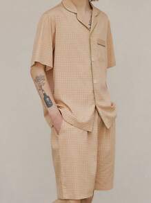 Conjunto de pijama para hombres de manga corta con cuello de solapa e shorts con estampado a cuadros, ligero y delgado, cómodo y casual para el verano
