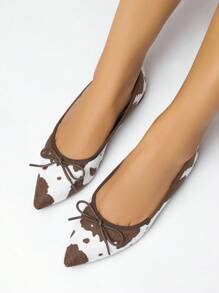 Women's Brown Pointed Toe Ballet Flats With Bow Decor, Elegant Slip-On Soft Bottom Loafers With Animal Print Fabric