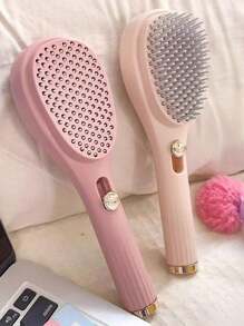 1/2pcs Retractable Self-Cleaning Anti-Static Comb, One-Button Comb, Scalp Massage Brush Suitable For All Hair Types, Easy To Detach And Clean (Pink And Beige (Button)), Note: The Product Material Is Sturdy