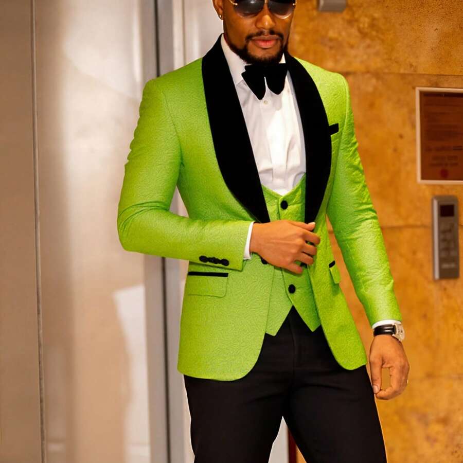 Mens 3 Piece Floral Tuxedo, Jacquard Slim Suit Set, Paisley Blazer Vest And Pants For Prom Wedding - 綠色 - 查看 1