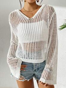 Women's Casual Vacation Solid Color Hollow-Out Knitted Cover Up With Hoodie, Long Sleeve Top - White - View 4
