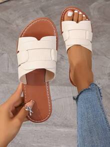 Sandales plates tressées décontractées pour femmes, mules à bout ouvert à enfiler pour l'été, le printemps, la plage, les vacances - Beige - Voir 5