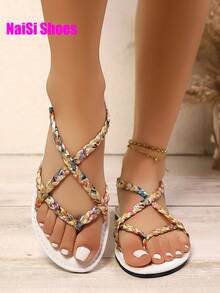 女士编织平底凉鞋，黑色/棕色/白色，一脚蹬，露趾，防滑，适合室内外，日常休闲，海滩，波西米亚交叉带平底凉鞋，轻便，镂空鞋头，高帮罗马鞋，金色/黑色平底凉鞋，沙滩鞋 - 白色 - 查看 7