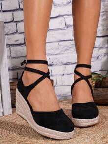 Damen Keil- & Plateau-Slip-On Espadrille-Sandalen, schwarze runde Zehenform Urlaubs-Strand-Geflecht, elastischer Knöchelriemen, Seil-Sohle Lässig Flach-Sandalen - Schwarz - Übersicht 5