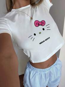 Sanrio 1 Pc Sanrio Hello Kitty Graphic Round Neck Short Sleeve Slim Crop T Shirt Top Tee For Women Sexy Cute T-Shirts White For Girls Valentines Gifts