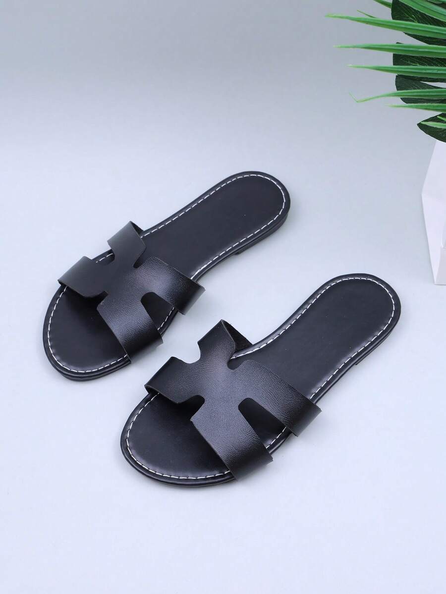 1 双加大码欧美风格青少年女孩黑色 H 型 PU 圆头平底凉鞋，防滑舒适休闲拖鞋 - 黑色 - 查看 1