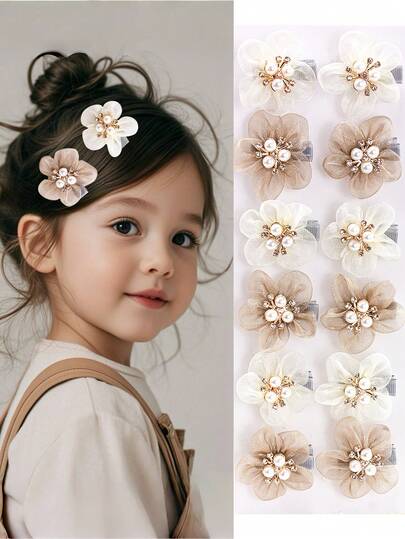 6pcs Girls Multicolor Delicate Mesh Flower Crystal Pearl Hair Accessories Set, Cute Hair Clips, Fashion Hair Decorations
