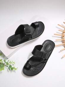 1 Pair Solid Color Geometric Pattern Comfortable Soft Slip-On Open Toe Beach/Party Shoes, Suitable For Spring/Summer - Black - View 7