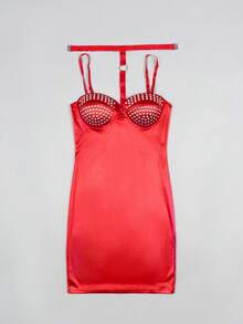 Vestido corto para mujer de moda satinado con diseño de strass en copa y lazo decorativo unicolor estilo casual - Rojo - Ver 6