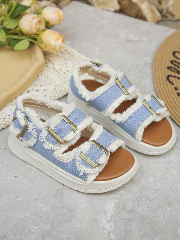 1 par de sandalias deportivas planas y casuales con hebilla ajustable, cómodas y antideslizantes, adecuadas para niños y niñas, talla ligeramente pequeña, para verano