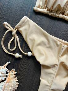 Bộ bikini buộc dây cổ màu trơn, thích hợp cho kỳ nghỉ hè trên bãi biển. - Màu Khaki - Xem 3
