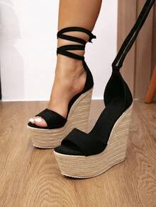 Retro Style Platform Woven Wedge Sandals, Waterproof Thick Bottom Criss-Cross Strap Slingback Flat Sandals, Straw Rope Decor, Casual Comfortable High Heel Shoes For Women, Suitable For Spring/Summer Vacation/Clubbing - Black - View 6