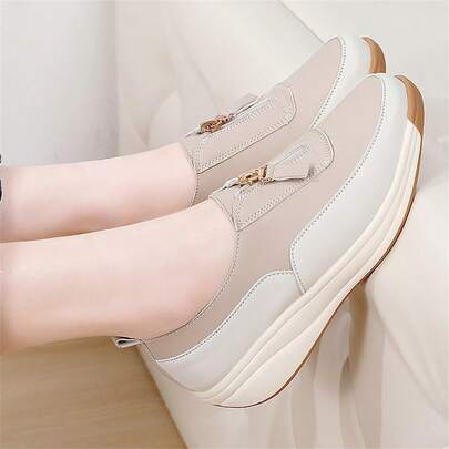 女士时尚休闲运动鞋，厚底坡跟，拉链开合，低帮，防滑透气鞋，妈妈皮鞋，适合春秋季