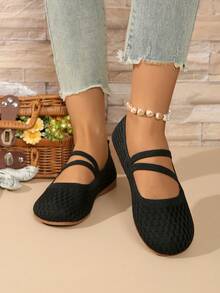 女士休闲圆头平底一脚蹬鞋，舒适透气轻便纯色优雅交叉带，适合室内/室外所有季节