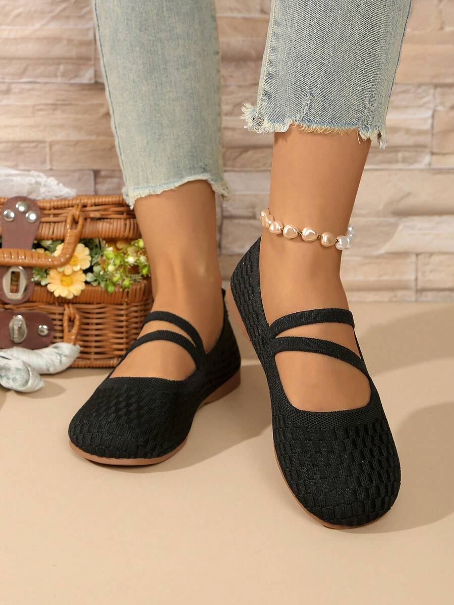 女士休闲圆头平底一脚蹬鞋，舒适透气轻便纯色优雅交叉带，适合室内/室外所有季节