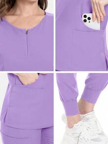 2 件/套哑光外科医生手术服、护士手术服套装（上衣*1 + 裤子*1）、女士工作服、护士装、诊所手术服、水疗医生护理手术服、牙科诊所服装、弹力速干 - 紫色 - 查看 5