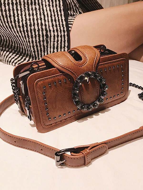 Women's Mini Shoulder Bag, Fashion Retro Handbag, Rivet Motorcycle Bag With Chain, Multi-Pocket Crossbody Bag, Black Phone Bag, Multi-Layer Zipper Small Square Bag