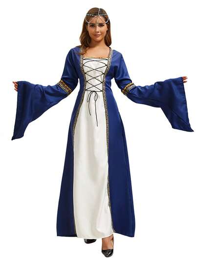 Gothic Vintage Bell Sleeve Lace Trim Dress, Retro Medieval Princess Stage Performance Costume, European And American Popular Style Halloween, Party Dress