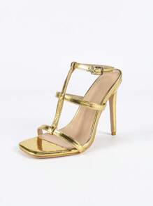 Women's New Arrival Golden Color Thin Heel Sandals, Summer Stylish Ladies Sandals For Outdoor Wear