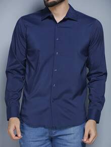Plain Dress Shirt With Elastane, Does Not Wrinkle Easily Size XS-XXL - Navy Blue - View 1