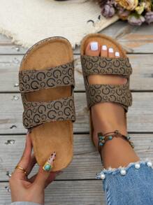 Chanclas casuales unisex para el verano, con diseño de dos correas a la moda y decoración de letras, suela de corcho suave para un uso cómodo, adecuado para salir y la playa