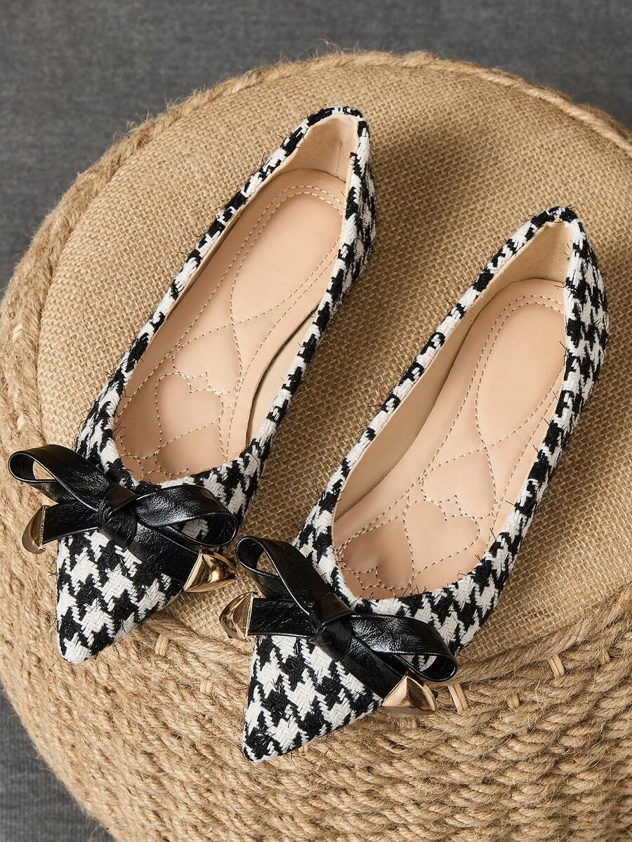 Fashionable & Elegant Boho Houndstooth Bow Decor Flat Shoes - Black - View 1