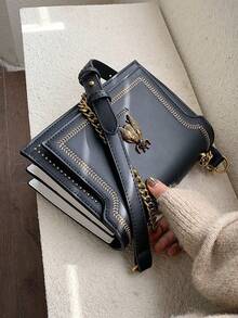 Retro Niche Design Fashion Bee Decoration Shoulder Bag, Square Bag Adjustable Metal Chain Decoration Crossbody Bag, Solid Color PU Simple Ladies Bag, Suitable For Travel, Shopping, And Holiday Gifts For Mothers - 彩色 - 查看 9