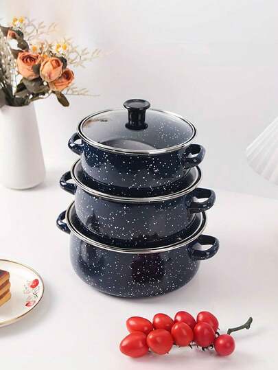 3 件套多功能搪瓷锅套装，包括汤锅、炖锅、餐具，不粘易清洗，容量 16cm/18cm/20cm，兼容燃气、电和电磁炉，适合家庭、餐厅、家庭厨房、节日聚会、烹饪，以及作为送给家人和朋友的礼物