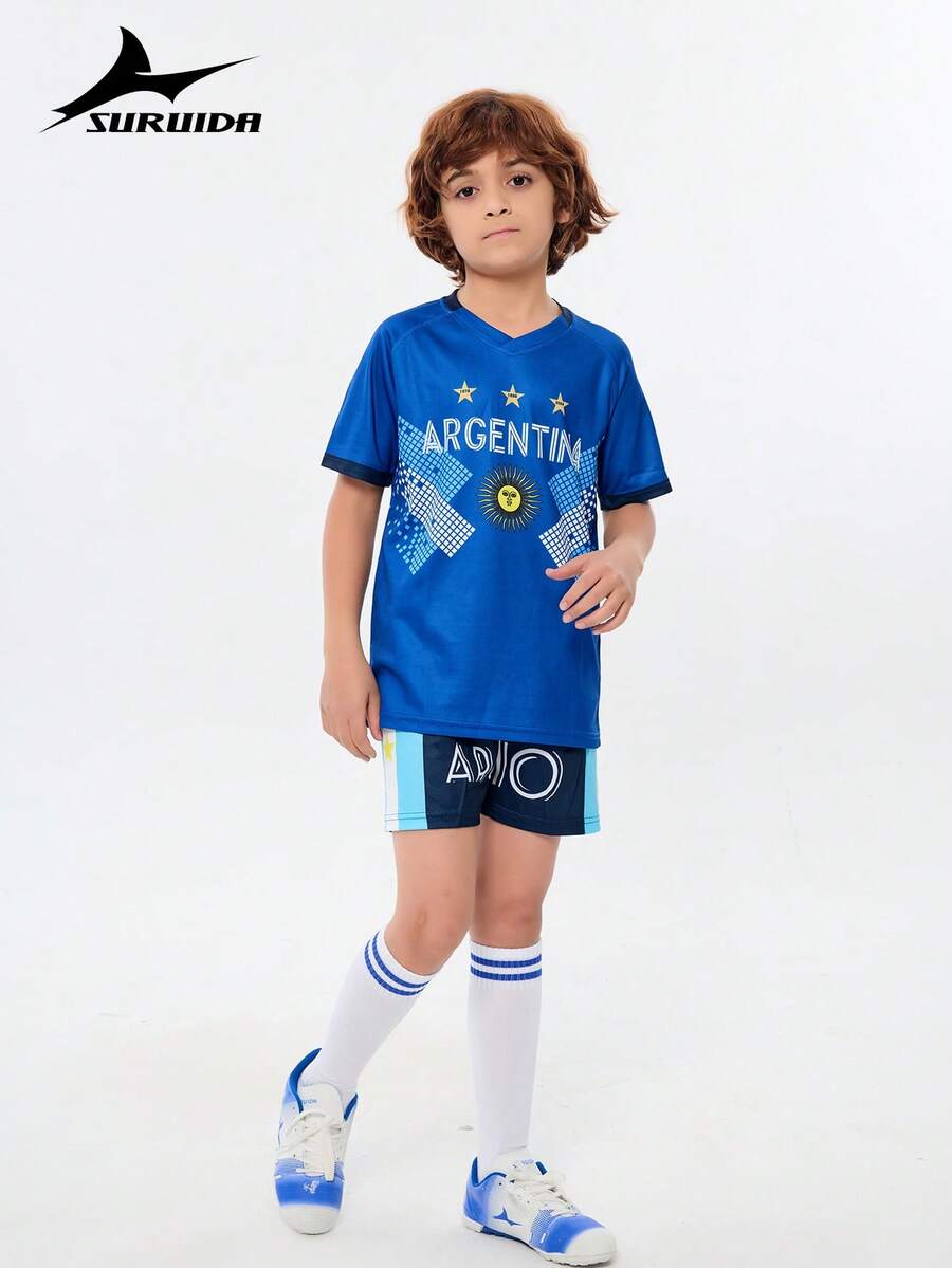 SURUIDA 2pcs Argentina Soccer Jersey Set For Teens And Kids, Including Shirt And Shorts, Casual Sports Style Suitable For Match, Training, And Stage Performance - 藍色 - 查看 1