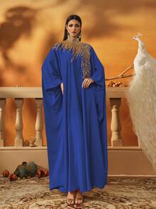 AmazingHoney Elegant Dark Blue Loose-Fit Kaftan Dress With Gold Sequin Embellishments, Party Abaya, Formal Muslim Dress, Evening Gown,Abaya Dress (Loose Fit– Please Check Size Chart), Modest - Royal Blue - View 11