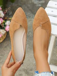 Plus Size 35-45 Women's Black Pointed Toe Flat Shoes, New Fall Casual Outdoor Daily Loafers, Brown Suede Soft Bottom Work Shoes, Slip-On Flats - Brown - View 2