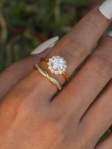 2pcs S925 Sterling Silver Rings Set With Zirconia Crystal Sunflower Stackable Rings, Fashion Jewelry Accessory, Wedding Gift - Gold - View 7