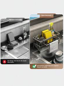 1 Sink Organizer With Automatic Drain Tray For Sponges, Dishwashing Liquid, Cleaning Towels And Brushes, And Organization Basket For Home Cleaning Kitchen Countertops, Black Or Gray Dish Cloth Holder, No Drilling Or Suction Cups Required, Drain Rack Basket Organizer - 灰色 - 查看 5