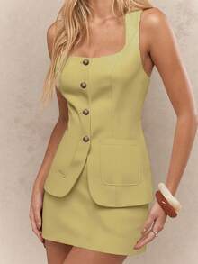 Damen Retro eleganter Einreiher Weste mit echter Tasche und Rock Set, geeignet für den täglichen Gebrauch und die Arbeit - Gelb - Übersicht 3