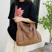 Women's Plain Zip Front Large Capacity Casual Shoulder Bag