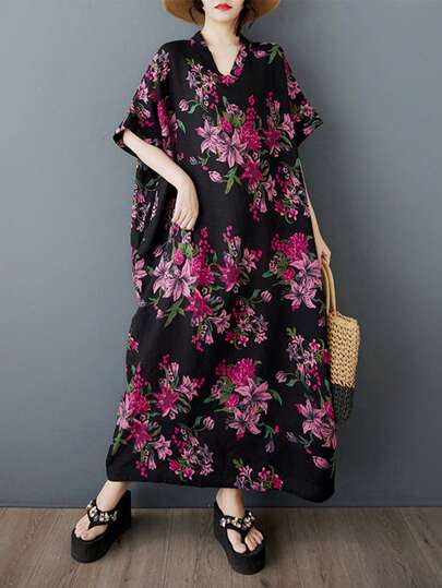 上衣、轻便连衣裙、波西米亚风休闲度假连衣裙、碎花连衣裙、黑色连衣裙、沙滩裙、女士连衣裙、2025夏季V领短袖全长连衣裙、睡裙