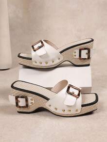 Plus Size Summer Thick Bottom High Heel Open Toe Rope Woven Platform Sandals For Women, Size 36-43 - White - View 7