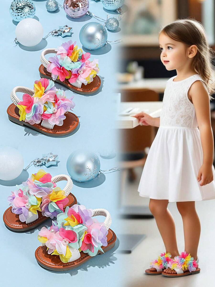 Adorable White Infant Sandals With Pearl Chain Elastic Strap Decoration