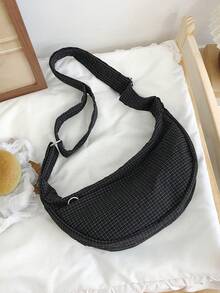 Niche Design Large Capacity Commuter Shoulder Bag, Casual Versatile Minimalist Fashion Crossbody Bag For Women, 2025 New Arrival, Comfortable Nylon Fabric, Rhombus Pattern, Zipper Closure, Adjustable Long Strap, Spacious Volume, Online Chic Crescent Bag - Black - View 3