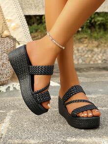 Sandal đế xuồng hở mũi dệt kim màu trơn thời trang mùa hè dành cho nữ, thoải mái, kiểu dáng thường ngày, tiện dụng khi đi du lịch. - màu đen - Xem 6