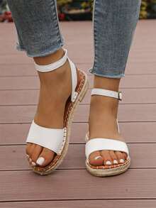 女士编织凉鞋，罗马拖鞋，波西米亚风拖鞋，草绳度假鞋，学院风女鞋，夏季海滩休闲鞋 - 白色 - 查看 4