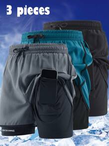 3 piezas Pantalones cortos de verano para hombre para deportes al aire libre, pantalones cortos casuales de cintura elástica transpirables hasta la rodilla